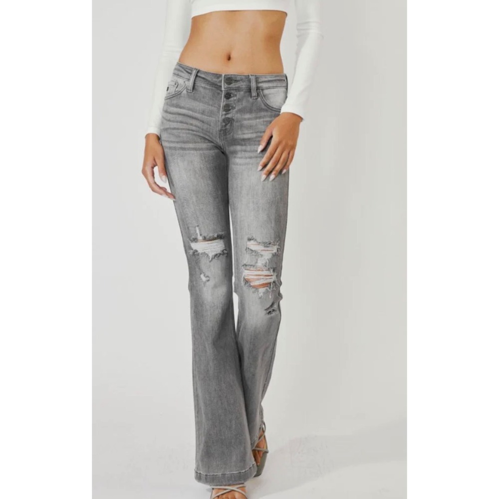 KanCan Gracie Grey Distressed High Rise Flare Jeans Button Fly Womens 1/24